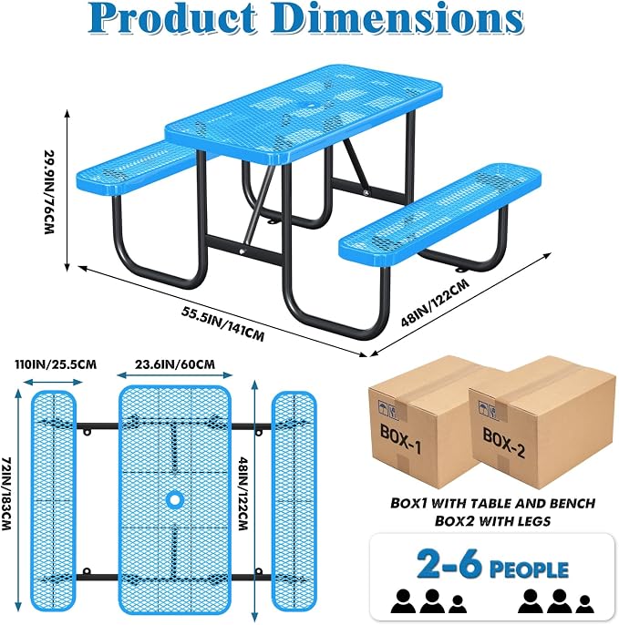 4FT/48IN Heavy Duty Outdoor Picnic Table and 2 Benches for 2-6 People, Weather Resistant Rectangular Steel Picnic Table Set with Umbrella Hole for Yard Patio Lawn Party Blue