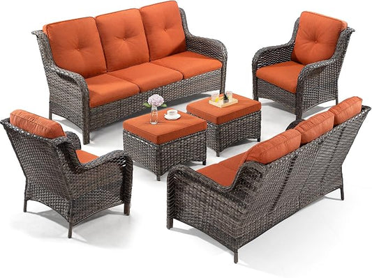 Outdoor Wicker Couch Set 6 Pieces - Outdoor Wicker Patio Furniture Set with 2 Armchairs, 2 Couch and 2 Ottomans, Olefin Cushions Included(Mixed Grey/Orange)