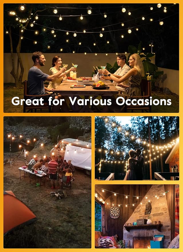 Brightown Outdoor String Lights with Remote, 2 Packs Each 38Ft 15 LED Patio Lights Outdoor Waterproof, String Lights for Outside, Dimmable Hanging Lights for Porch Balcony Bistro Cafe