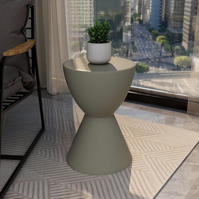 LeisureMod Loft Series Moss Grey Fiberstone Side Table - Modern Hourglass Round Pedestal - 18-inch Weather-Resistant Accent for Outdoor Patio and Indoor Living Room Decor