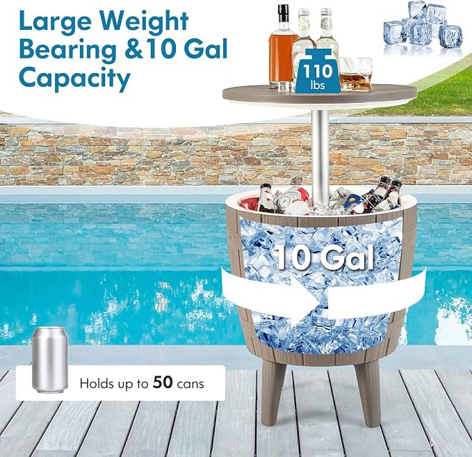 LDAILY Outdoor Cooler Table, 3-in-1 10 Gallon Ice Bucket with Height-Adjustable Tabletop, Cocktail Side Table with 110LB Capacity & Drain Plug for Poolside, Backyard, Patio Parties (Brown)