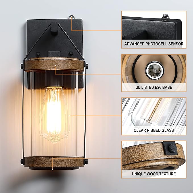 Dusk to Dawn Sensor Outdoor Wall Sconce Lighting with Wood Grain | Exterior Porch Light Fixtures Farmhouse Front House Lantern Waterproof Wall Mount Lamp for Patio Garage Entryway Doorway
