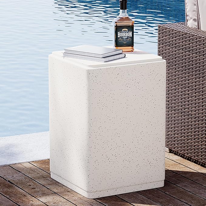 SUNBURY Outdoor Concrete Side Table, 20" H Outdoor End Tables, Cement Accent Table for Patio, Rectangular Modern Garden Small Garden Stool for Patio, Backyard, Spotted White