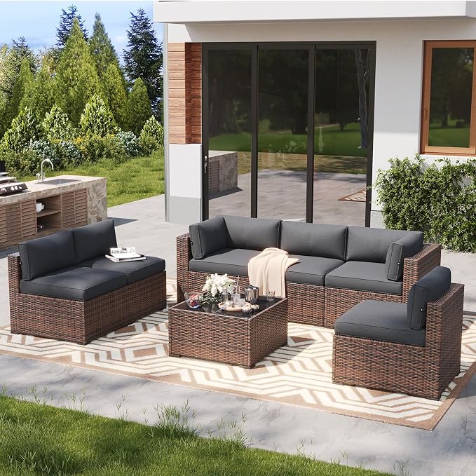 LazySunsets 7 Piece Outdoor Patio Furniture Set with Coffee Table, Outdoor Patio Furniture Sets with Thicken Cushion, Wicker Rattan Outdoor Conversation Set for Backyard & Garden, Grey