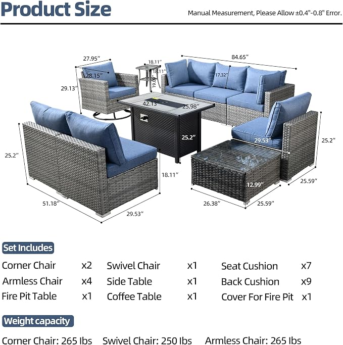 HOOOWOOO 10 Piece Patio Sectional Furniture Set with Fire Pit Table,Modern Wicker Outdoor Conversation Sofa Sets,Weather Resistant Modular L Shaped Outside Couch Swivel Chair Set(Denime Blue)