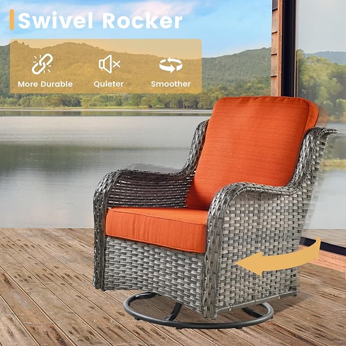 HOOOWOOO Outdoor Patio Furniture with Fire Pit Set 11 Pieces Patio Set with Fire Pit Wicker Outdoor Furniture with Fire Pit Table Set Patio Sectional Set with Swivel Chairs,Orange Red