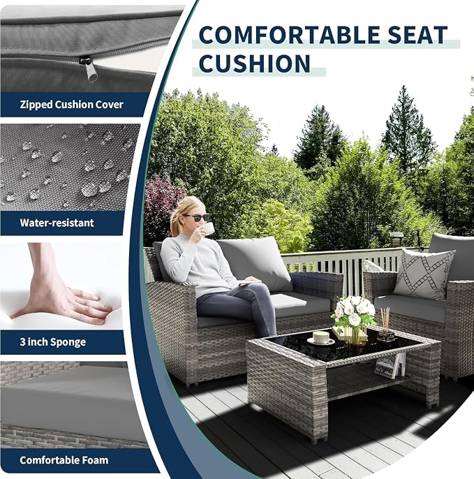 UDPATIO Patio Furniture Set, Outdoor Furniture Sets with Loveseats Sofa, Wicker Rattan Outdoor Conversation Set with Storage CoffeeTable for Backyard, Deck, Porch, Grey/Grey
