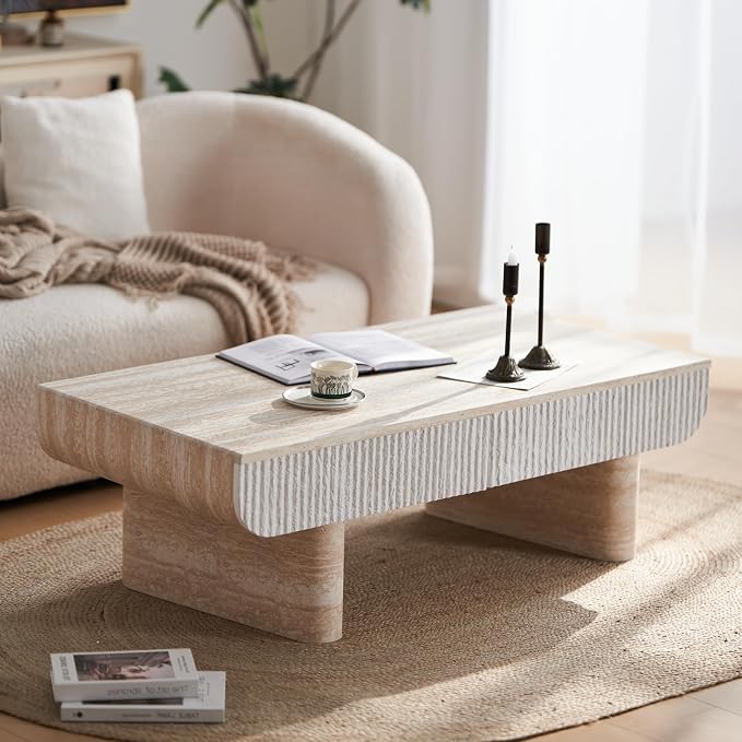 46.85" Faux Marble Coffee Table with Drawer Faux Travertine Pattern Rectangular Coffee Table for Living Room Wood Center Table Accent Tea Table for Apartment Office, Mars Pattern