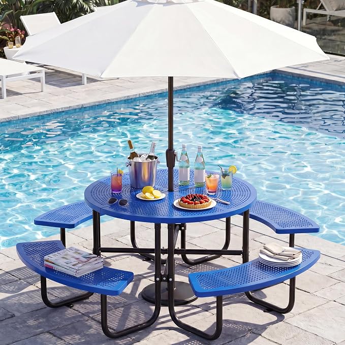 46" Outdoor Round Perforated Picnic Table Metal Camping Table with Umbrella Hole - Heavy Duty Steel Mesh Picnic Bench Set for Backyard Garden Deck, Blue