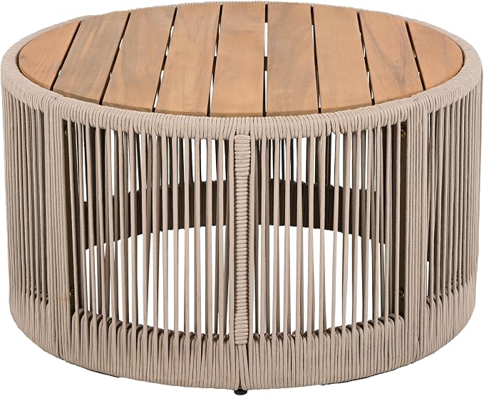 IRONORA Round Outdoor Coffee Table, Acacia Wood Top with Rope Woven Base, 26 Inch Diameter, Outdoor Side Table for Patio, Garden, Weather Resistant Patio Furniture