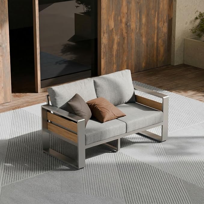ZANDOR Aluminum Outdoor Patio Furniture-1 Pcs Loveseat,Sliver | Rustproof,High weight capacity,Water-repellent,Washable Cover,All-Weather Resistant,Easy clean,for Poolside Backyard Deck