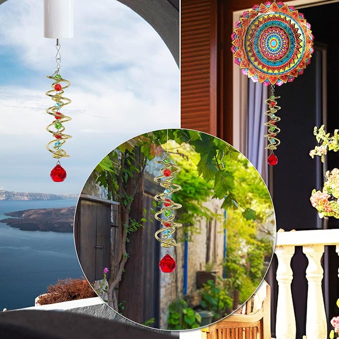 FONMY Gazing Ball Spiral Tail Decorative Wind Spinner Sun Catcher Rainbow Maker Golden Double-Spiral W/Red Crystal Ball and Chain Crystals for Indoor Outdoor Garden Decoration -14 inch H