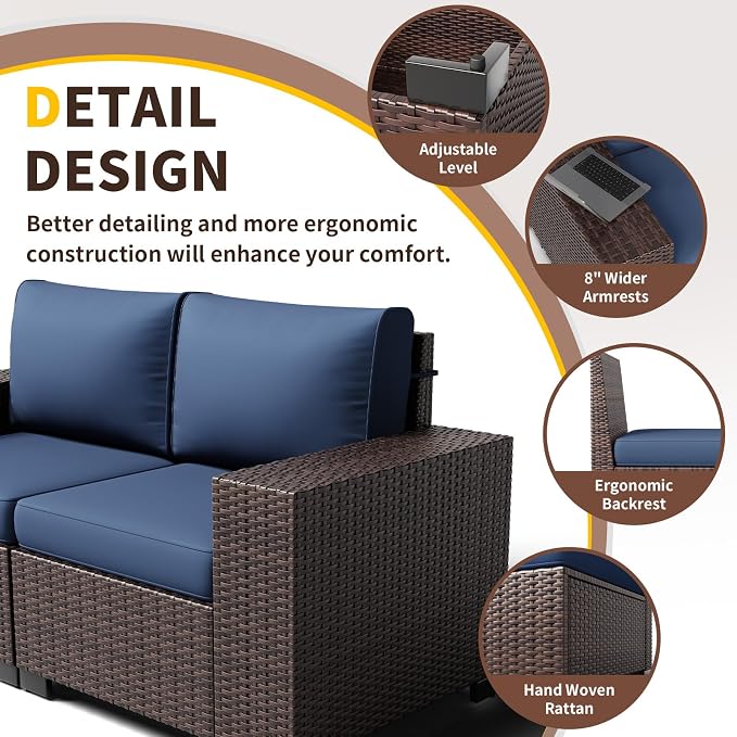Outdoor Patio Furniture Set, 8'' Wide armrest Outdoor Sectional Rattan Sofa Set, Wicker Patio Furniture Sets w/Coffee Table,Thick Cushions and Cover for Porch, Balcony,Deck 6 PCS(Brown&Navy)