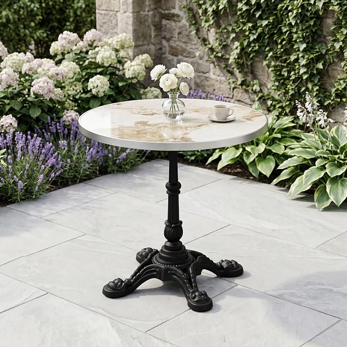 31.5 Inch Round Outdoor Patio Dining Table, Sintered Stone Bistro Table with Cast Iron Pedestal Base for Balcony Garden Poolside Cafe, Seats 2 to 4, Ivory Marble