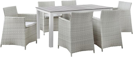 Lexmod Junction 7 Piece Outdoor Patio Dining Set with Cushion, Gray/White