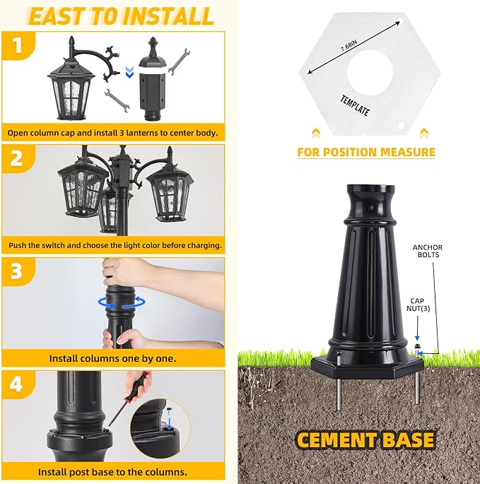 3-Head Solar Outdoor Street Light with Dusk to Dawn Sensor, Aluminum Exterior Pole Light with Water Ripple Glass, Classic Waterproof Black Solar Lamp Post Lights for Backyard, Garden, Driveway