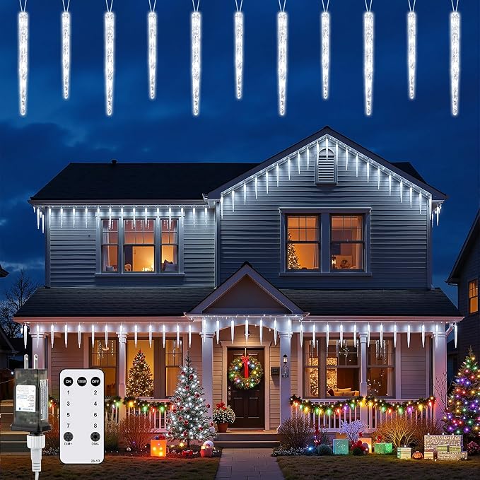Brightown Icicle Lights Outdoor 20ft with Remote - 20 Tubes 100 LED Iced Tube Christmas Lights, Waterproof Icicle Decor Outdoor Indoor for Tree Patio Roof Holiday Decor, Cool White