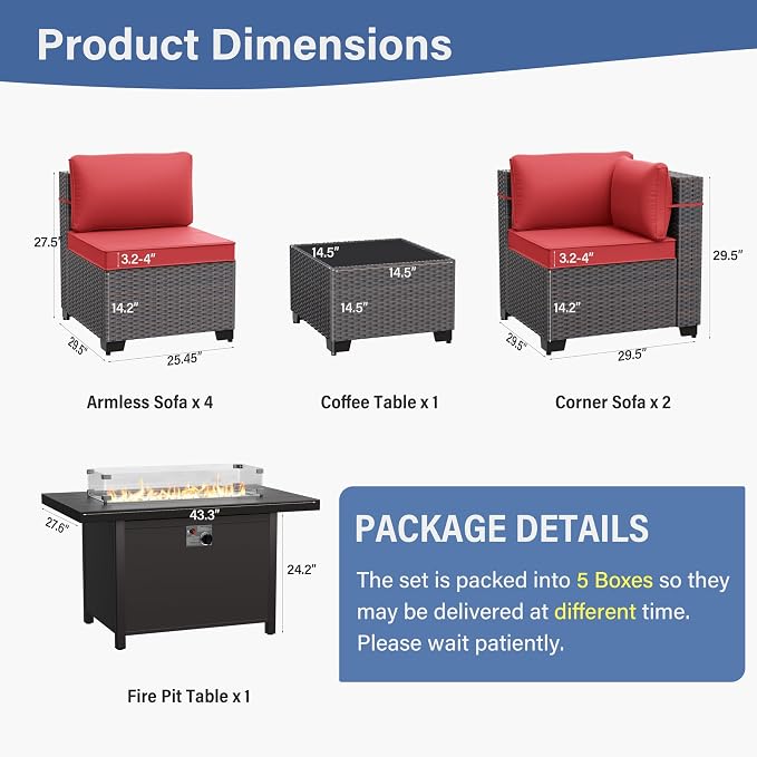 ALAULM 8 Pieces Patio Furniture Set with Aluminum Fire Pit Table Outdoor Furniture Sets 55000BTU Gas Fire Pit Brown PE Rattan Wicker Patio Conversation Sets w/6 Cushions-Red
