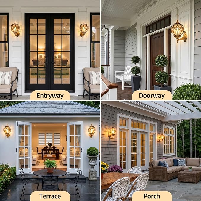 Globe Die Cast Aluminum Outdoor Wall Light, Brushed Gold Finish | Anti-Rust Waterproof Hardwired Exterior Wall Sconce with Amber Glass, Outside Wall Lantern for Patio, Porch, Backyard