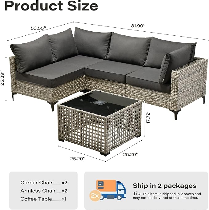 5 Pieces Patio Furniture Set with Solar Light Coffee Table, All-Weather Wicker Outdoor Sectional Conversation Sets L Shaped Sofas for Outside Porch Balcony Backyard Black