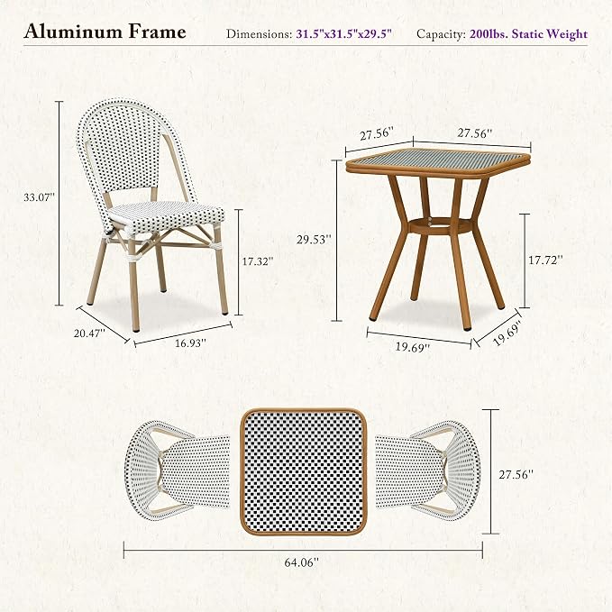 PURPLE LEAF 3-Piece French Bistro Dining Set Square Outdoor Patio Table and 2 Armless Chairs Tempered Glass Top PE Rattan Champagne Print Finish Aluminum Frame White