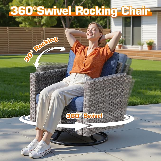 9-Piece Patio Furniture Set, Outdoor Wicker Furniture Sectional Set with Coffee Table, High Back Swivel Rocker Patio Chairs, Modern Rattan Outdoor Conversation Set for Porch, Balcony, Denim Blue