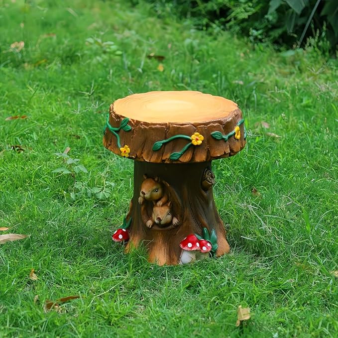12.6" Resin Squirrel Garden Chair, Indoor & Outdoor Accent Stool, Brown | Round Tree Stump Design w/ Squirrel Details, Weather-Resistant for Patio, Backyard, Terrace & Home Decor