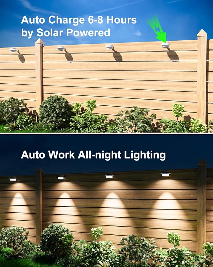 4 Pack White Solar Powered Gutter Lights Outdoor Decorative Waterproof Led Fence Lamp for Lighting Railing, Outside Wall, Deck, Garden, Path, Backyard, Sidewalk, Yard, Patio, No Drilling Installation