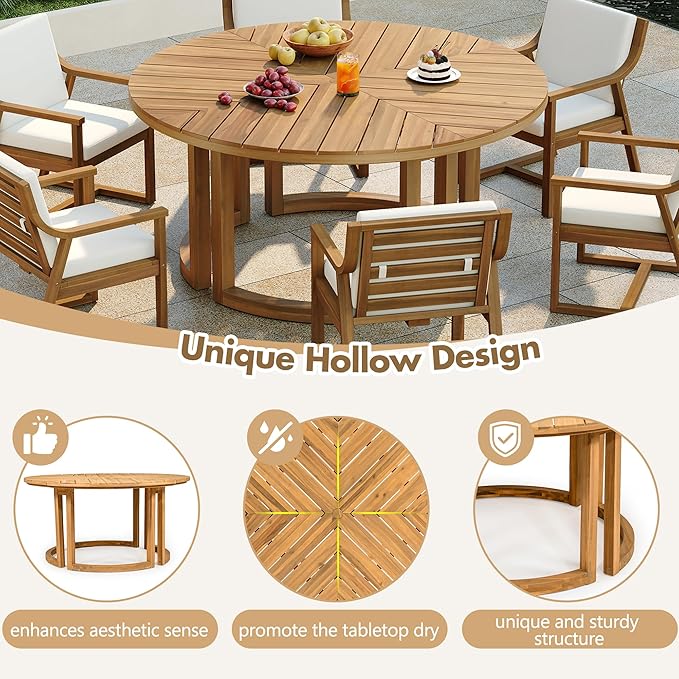 7-Piece Outdoor Dining Set, 59" Round Table with Umbrella Hole and 6 Padded Chairs, Rustic Patio Furniture Set for Garden Backyard Family Gatherings (Light Teak-R1)