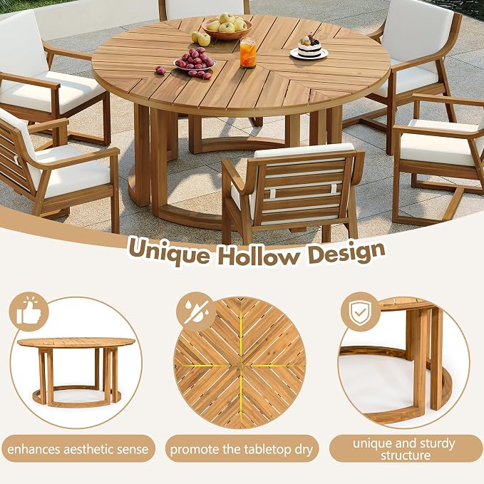 VilroCaz Acacia Wood Outdoor Dining Set for 6, All-Weather Outdoor Round Dining Table with 1.96" Umbrella Hole and 6 Armchair& Removable Cushions for Patio Backyard Pools (Light Teak-2.14)