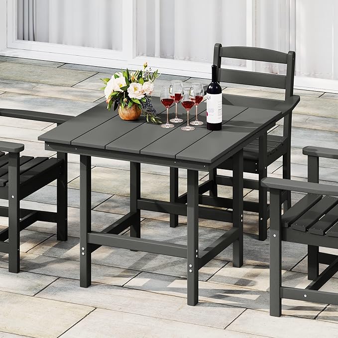 Costaelm Outdoor Patio Table, Outdoor Dining Table for 4, Weather Resistant Square Patio Table with Umbrella Hole for Garden, Poolside, Porch, Gray
