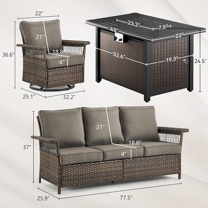Patio Furniture Set with Fire Pit Table, 4PCS Patio Conversation Set Brown Resin Wicker Swivel Patio Chair and Sofa with 43in Rectangular Iron Fire Table PE Rattan Furniture Set