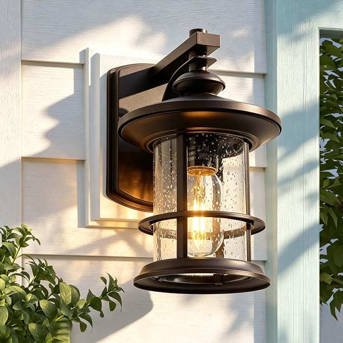 MICSIU 100W Max Vintage Farmhouse Oil Rubbed Bronze Outdoor Wall Light | 10 Inch Metal Exterior Sconce 1 Pack, Clear Seedy Glass Outsize Porch Light for Entryway, Garage, Bathroom