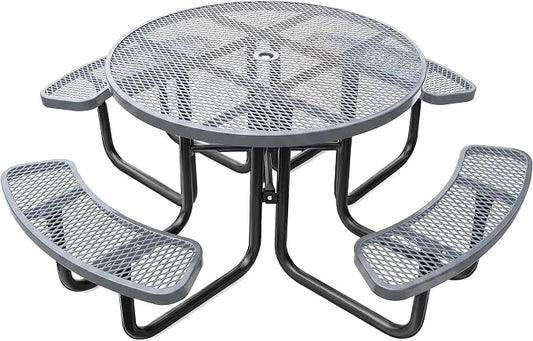 46In Round Outdoor Picnic Table – Heavy-Duty Commercial Steel Table with Thermoplastic Coating, Weatherproof & Rust-Resistant, Perfect for Parks, Patios, Schools & Campgrounds (Gray)