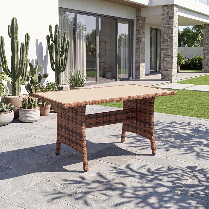 HOMREST 53" Outdoor Patio Dining Table, Handwoven PE Rattan Wicker Rectangular Table for 4-6 People with Metal Frame for Backyard, Porch, Deck, Balcony, Garden Furniture, Brown