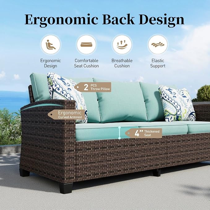 SUNSHINE VALLEY Patio Furniture Set Outdoor Furniture Brown Wicker Rattan Patio Conversation Sets with Cushion Outside Sofa Set,7 Pieces 9 Seats,Blue