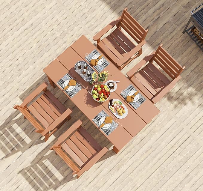 BRIOPAWS Outdoor-Dining-Set | 5 Piece | HDPE | 67” Patio Table and Chairs Sets for 4 | Patio Dinner Furniture | All Weather | Umbrella Hole | for Poolside Deck Backyard Outdoors | Teak