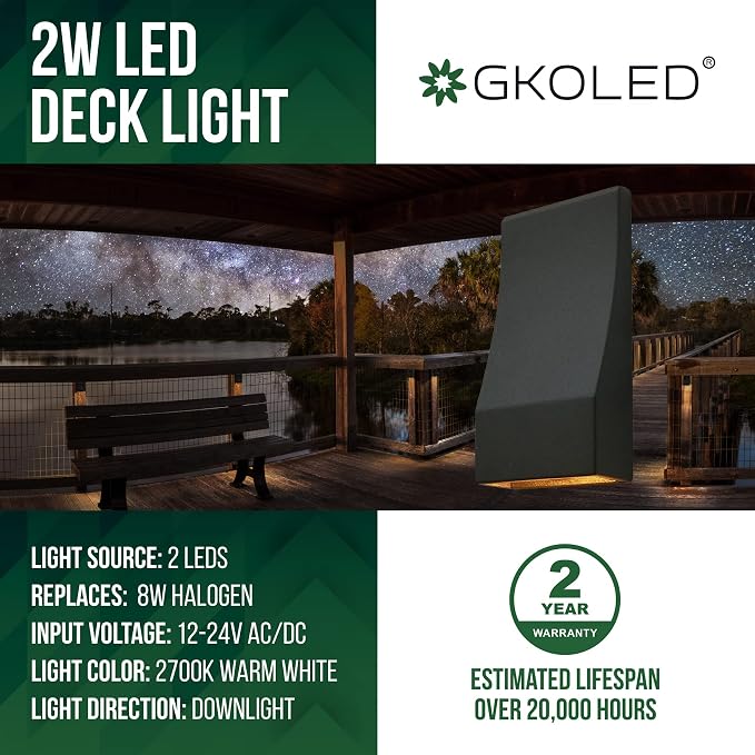 Low Voltage LED Wedge Deck Rail Light, Landscape Railing Post Fence Accent Lighting, 2W 2700K Integrated LED Chips, Die-cast Aluminum, Powder Coated Finish, 12V AC/DC, IP65 Rated, Black, 6-Pack