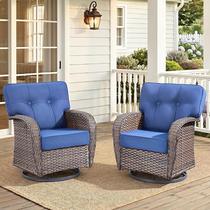 2-Piece Wicker Patio Furniture Set with 5-Inch Thick Cushions Weather Resistant Rattan High Back Swivel Rocker Chairs Senior Friendly Conversation Set for Small Porch Deck Sunroom Brown/Blue