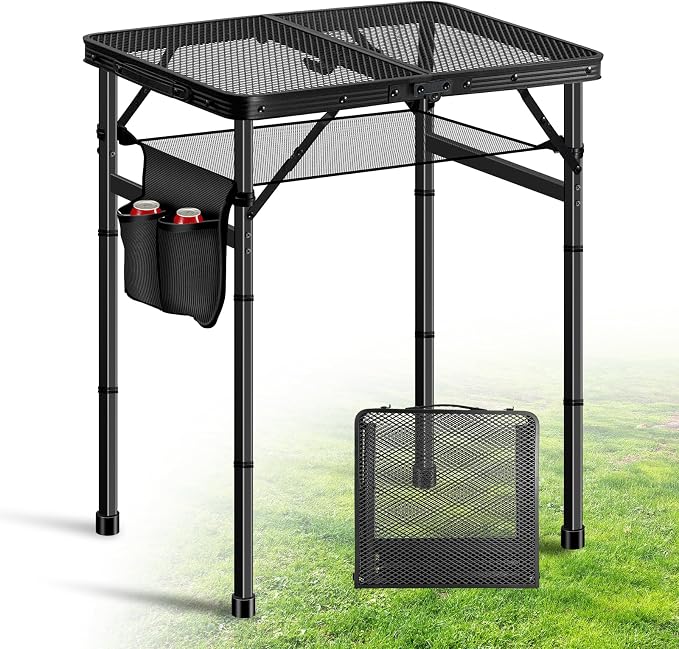Ciavca Upgraded Folding Grill Table - Metal Portable Camping Table, 3 Height Adjustable Max 28", Lightweight Foldable for Outside BBQ 24"x15.8"