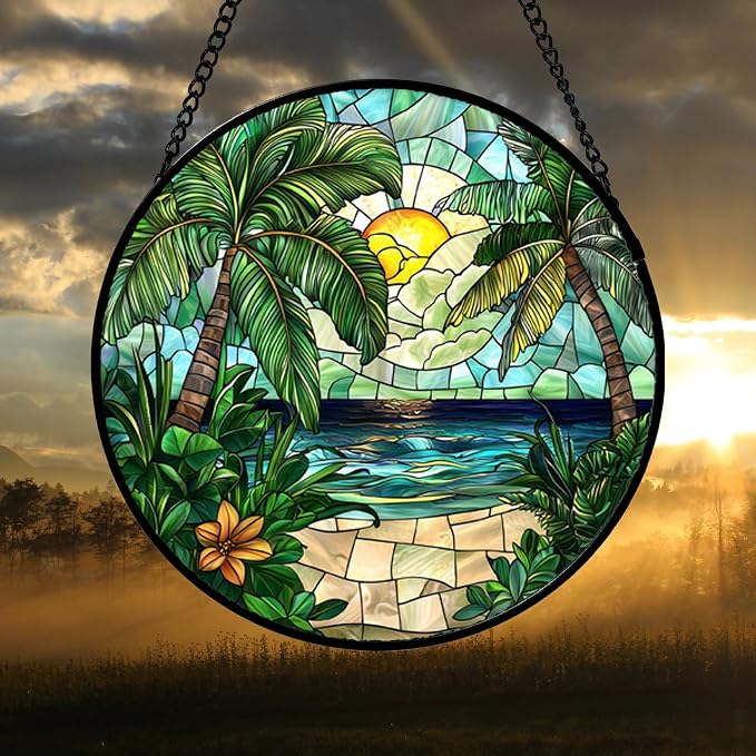 DASTOLL Stained Glass Window Hanging, Green Beach Scenery Suncatcher Diamond Glass Panel Hangings Sun Catchers Decor for Birthday for Women, Men, Wife, Aunt, and Mom 14.9x14.9 in