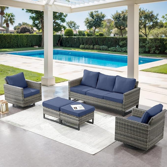 5 Piece Wicker Patio Furniture Set - Outdoor Swivel Rocker Chairs Set with 3 Seat Sofa and Ottomans, Small Patio Conversation Sets Proch Furniture for Balcony Deck - Grey/Blue