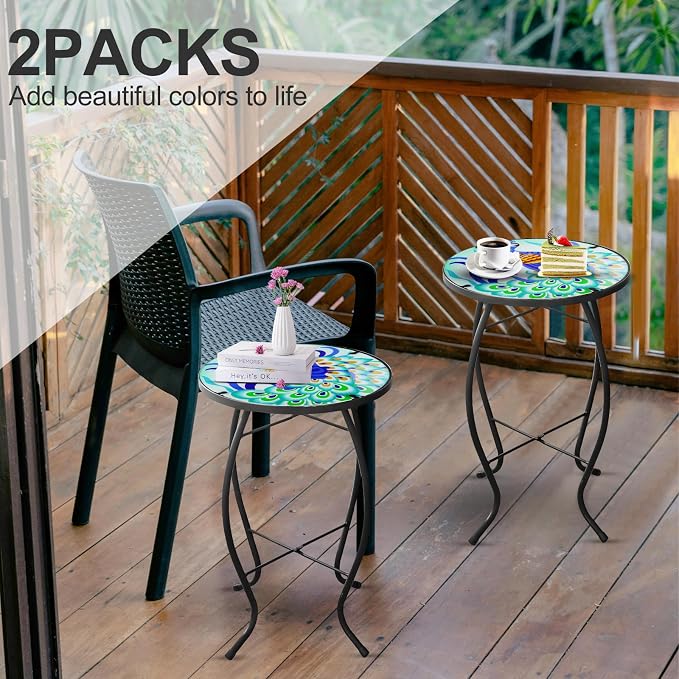 Arbuxzuy 2PCS 12 Inch Small Outdoor Side Table with Colorful Peacock, Glass Mosaic Patio Table Indoor, Round Plant Coffee Table for Living Room, Balcony, Garden