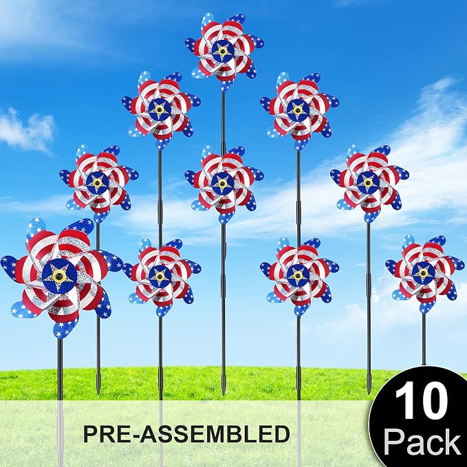 BATTIFE Preassembled Reflective Pinwheels for Yard, American Flag, 10 Pack | Sparkly Reflective Material Spinner, Spins Best in Steady Wind, Animal-Deterrent Results Vary by Placement and Conditions