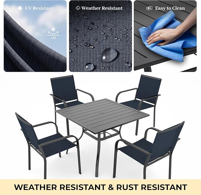 Anmutig 5 Pieces Patio Dining Set, Outdoor Furniture Set Includes 1 Square Patio Table and 4 Stackable Patio Chairs, Outdoor Table and Navy Chairs for Garden Backyard Deck