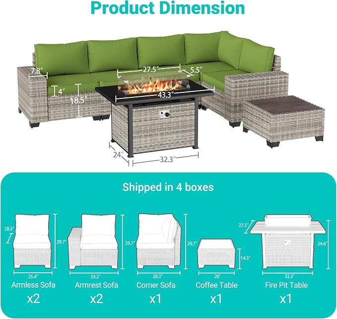 7-Piece Outdoor Patio Furniture Set with 55,000 BTU Fire Pit Table, PE Wicker Rattan Sectional Sofa Patio Conversation Set with Thickened Cushions & Coffee Table, Avocado Green