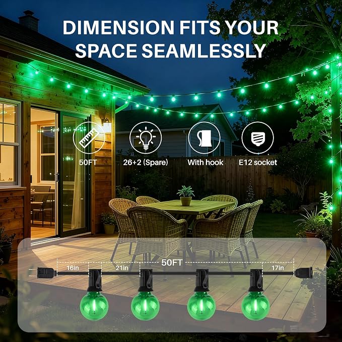 50 FT Green Outdoor String Lights,26 Plastic Edison Bulbs, E12 Base | G40 globe shatterproof bulbs, IP65 waterproof, dimmable LED, for backyard porch balcony party decor