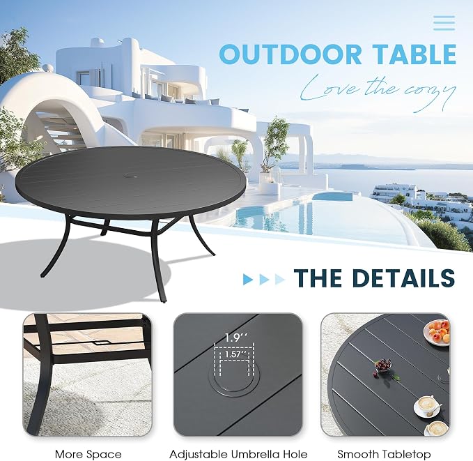Patio Dining Table for 8-10, Round Metal Outdoor Table with 1.57" Umbrella Hole, 63" Outdoor Slat Tabletop Dining Table for Backyard, Porch, Lawn, Black