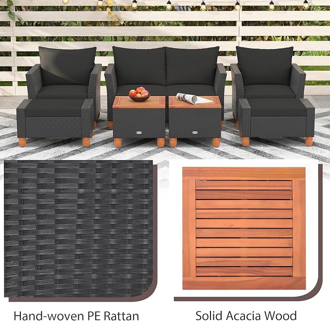 Tangkula 7 Pieces Patio Furniture Set, PE Rattan Sectional Sofa Set with Loveseat, Armchairs, Ottomans & Table, Acacia Wood Tabletop, Outdoor Conversation Set for Porch, Garden & Poolside (Black)