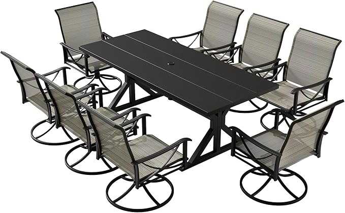 Kurapika 7-Piece Patio Dining Set, Outdoor Cross-Legged Large-Top Table with Umbrella Hole and 8 Swivel/Rocking Chairs, Patio Furniture Set for Garden, Deck, Brown
